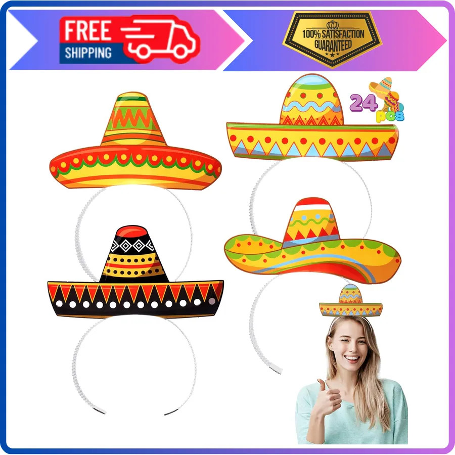 24 Pcs Cinco de Mayo Sombrero Headbands Mexican Fiesta Party Decorations Props