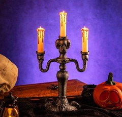 NEW! Realistic 14″ Skull Candelabra Flickering Lights Halloween Gothic Candle