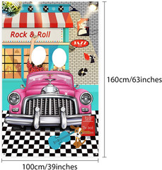 50s Rock and Roll Party Backdrop Pink Car Banner 5.3×3.3ft Photo Booth Decor XXL