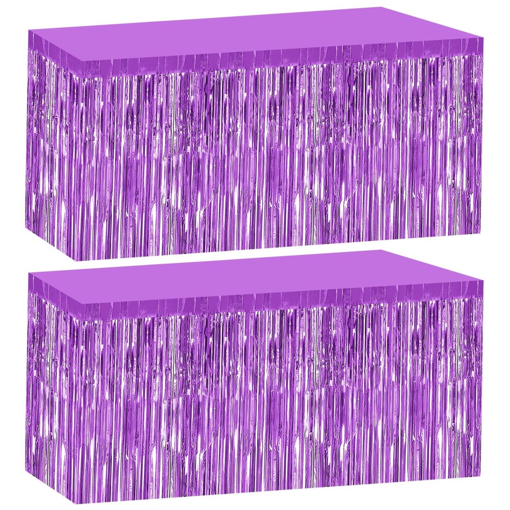 2 Pack 29.5×108 Inch Purple Foil Tinsel Fringe Table Skirts, Disposable Table…
