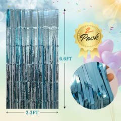 2 Pack Foil Fringe Curtains 3.6×7.3 Ft, Tinsel 43″W x 87″L (Pack of 2) Sky Blue