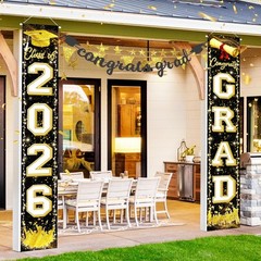 Black Gold Graduation Decorations Class of 2026 Congrats GRAD Porch Sign Banner