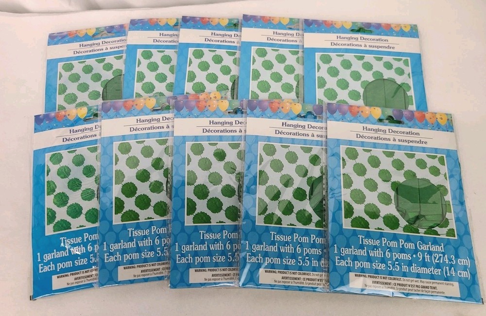 Celebration DARK GREEN 9 ft Tissue Pom Pom Garland (6)5.5″ diameter Poms LOT 10