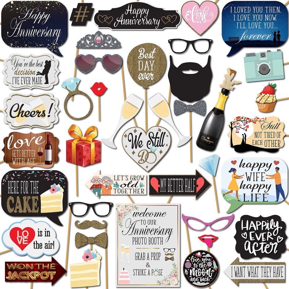 Anniversary Photo Booth Props – 41-pc Photobooth Kit with 8 x 10-Inch Sign, 6…