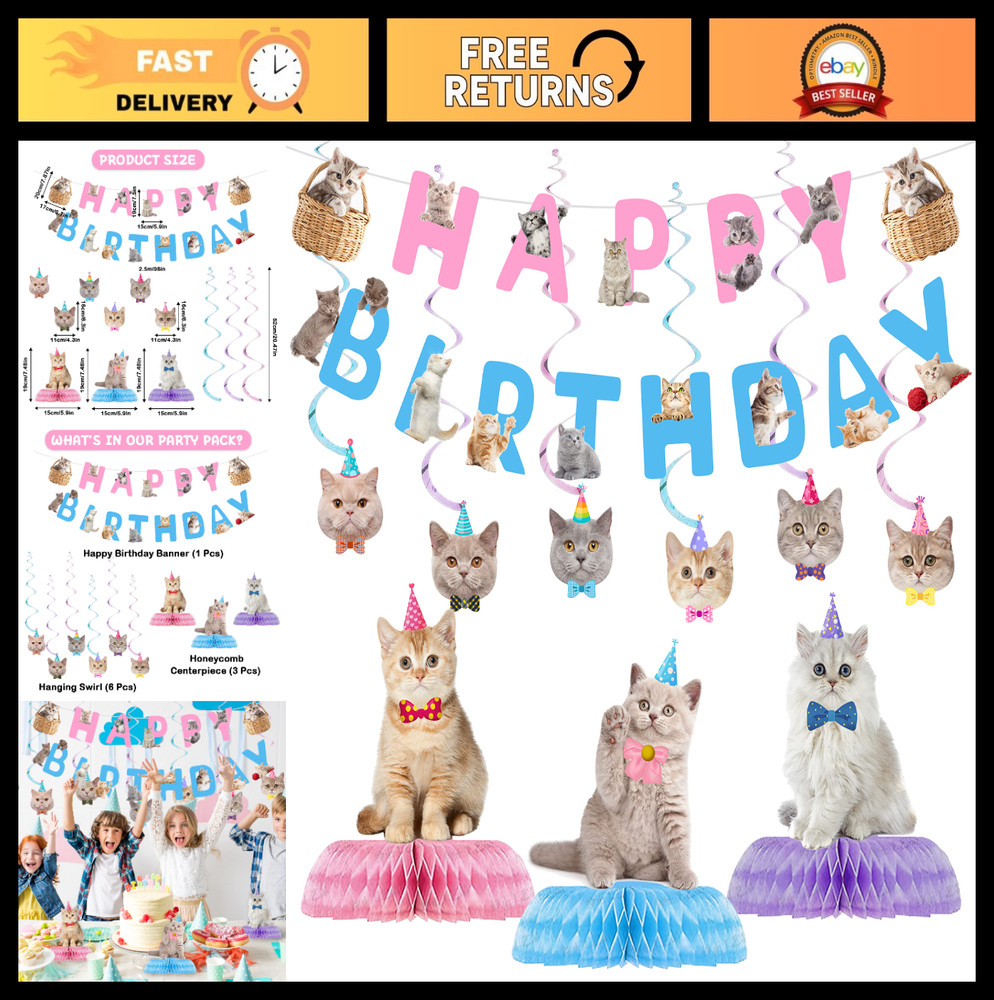 16 Pcs Cat Birthday Party Supplies – Happy Birthday Banner, Hanging Cutouts & De
