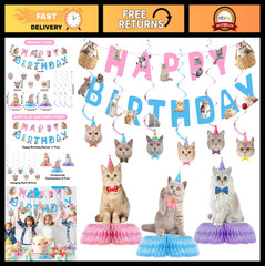 16 Pcs Cat Birthday Party Supplies – Happy Birthday Banner, Hanging Cutouts & De
