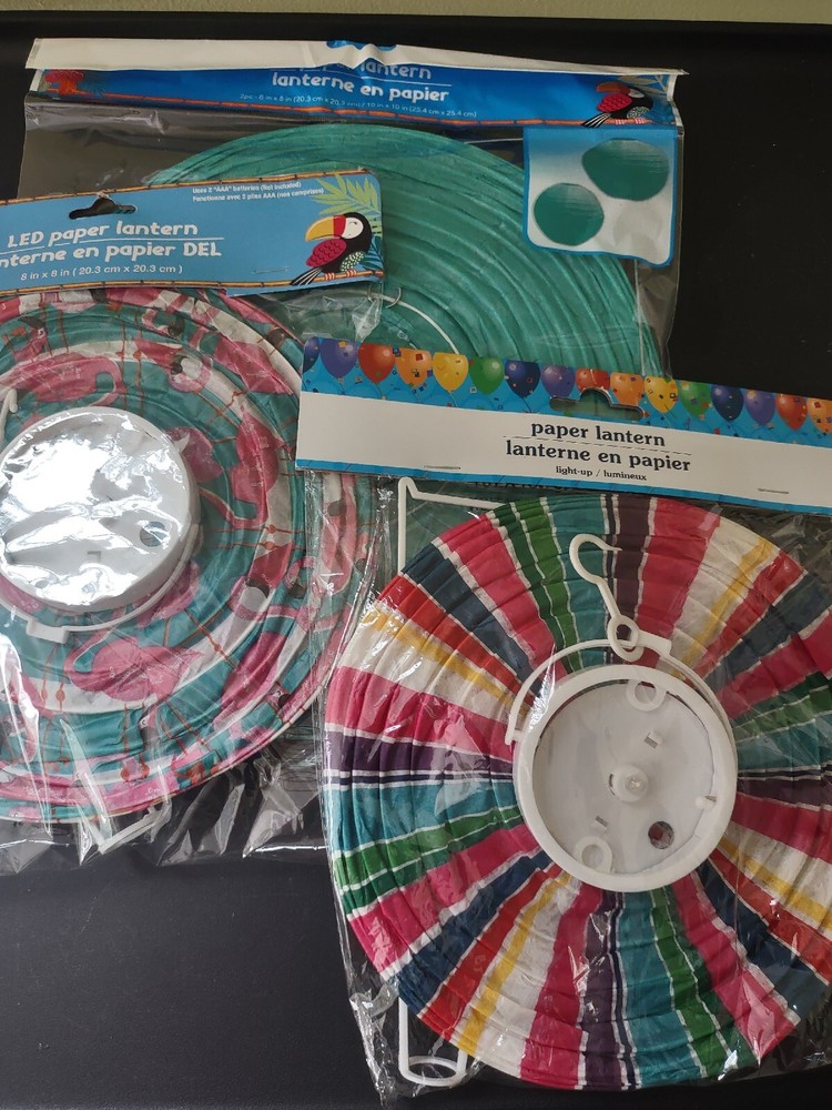 PARTY Decorations 4Paper Lanterns. 1 Flamingo, 1 Stripe, & 2 Dark Teal. 8 X8