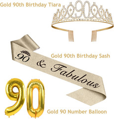 90th Birthday Decorations for Women Gold with 90th Birthday Sash and Tiara, Cake