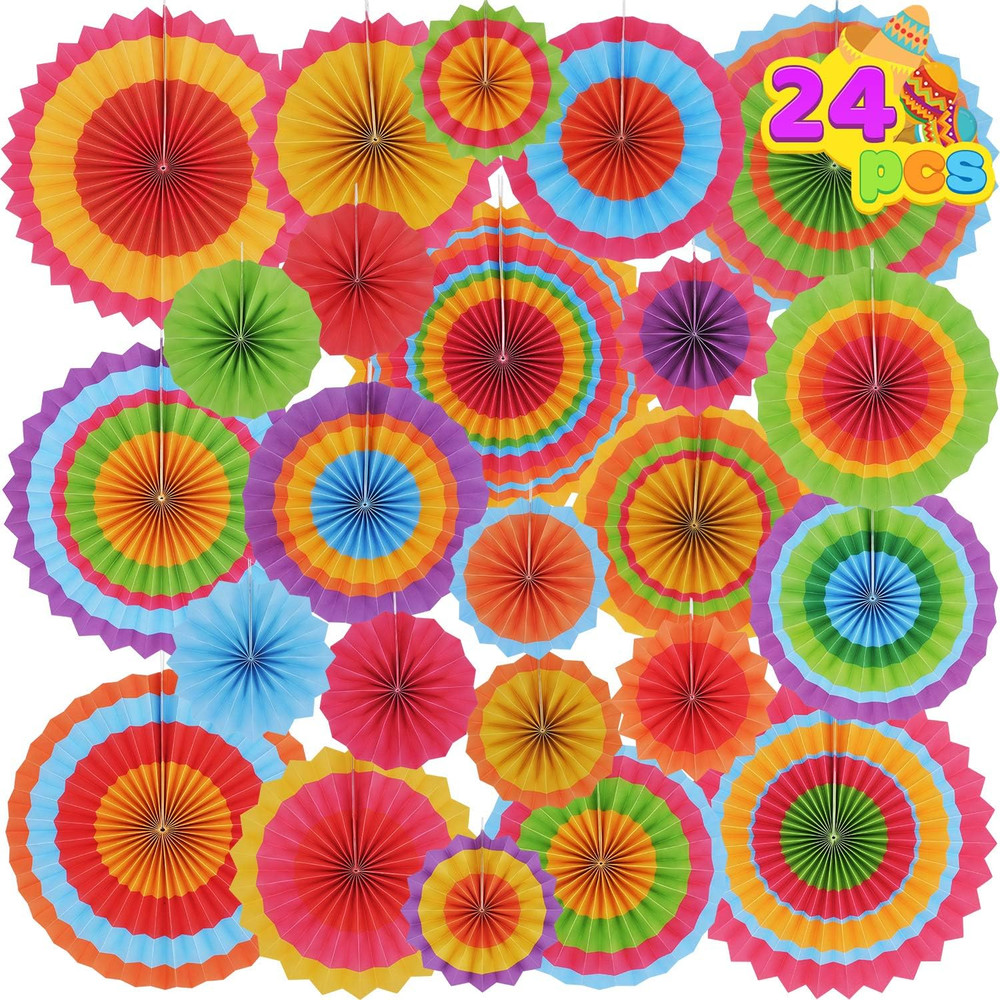 24 Colorful Hanging Paper Fan round Wheel Disc for Fiesta Party Supplies Decorat