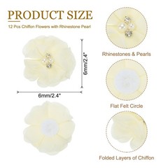 12Pcs 2″ Chiffon Flowers with Rhinestone Pearl Sewing Fabric Flower,Light Yellow