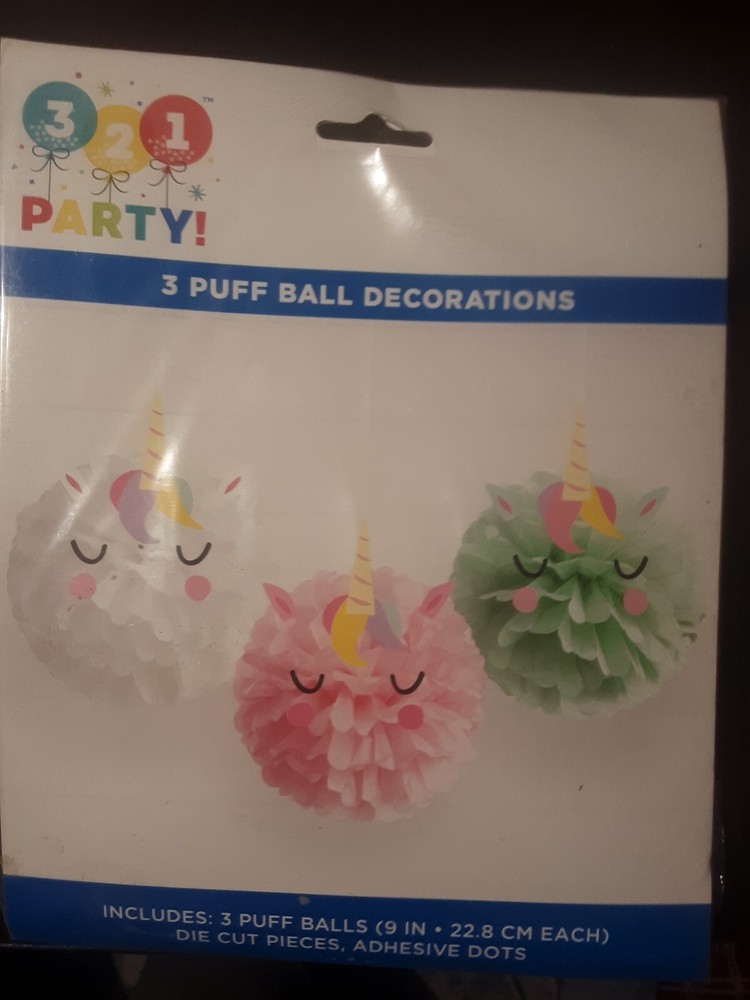 321Party! 3 Puff Ball decorations 9 in. Each