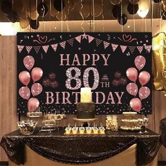 80th Birthday Backdrop Banner Rose Gold 5.9×3.6ft Party Photography Women