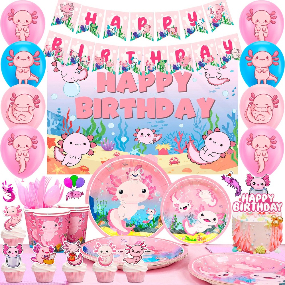 162 Pcs Cute Axolotl Party Decor Pink Axolotl Birthday Supplies Balloons Plates
