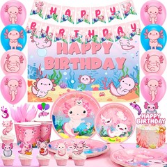 162 Pcs Cute Axolotl Party Decor Pink Axolotl Birthday Supplies Balloons Plates