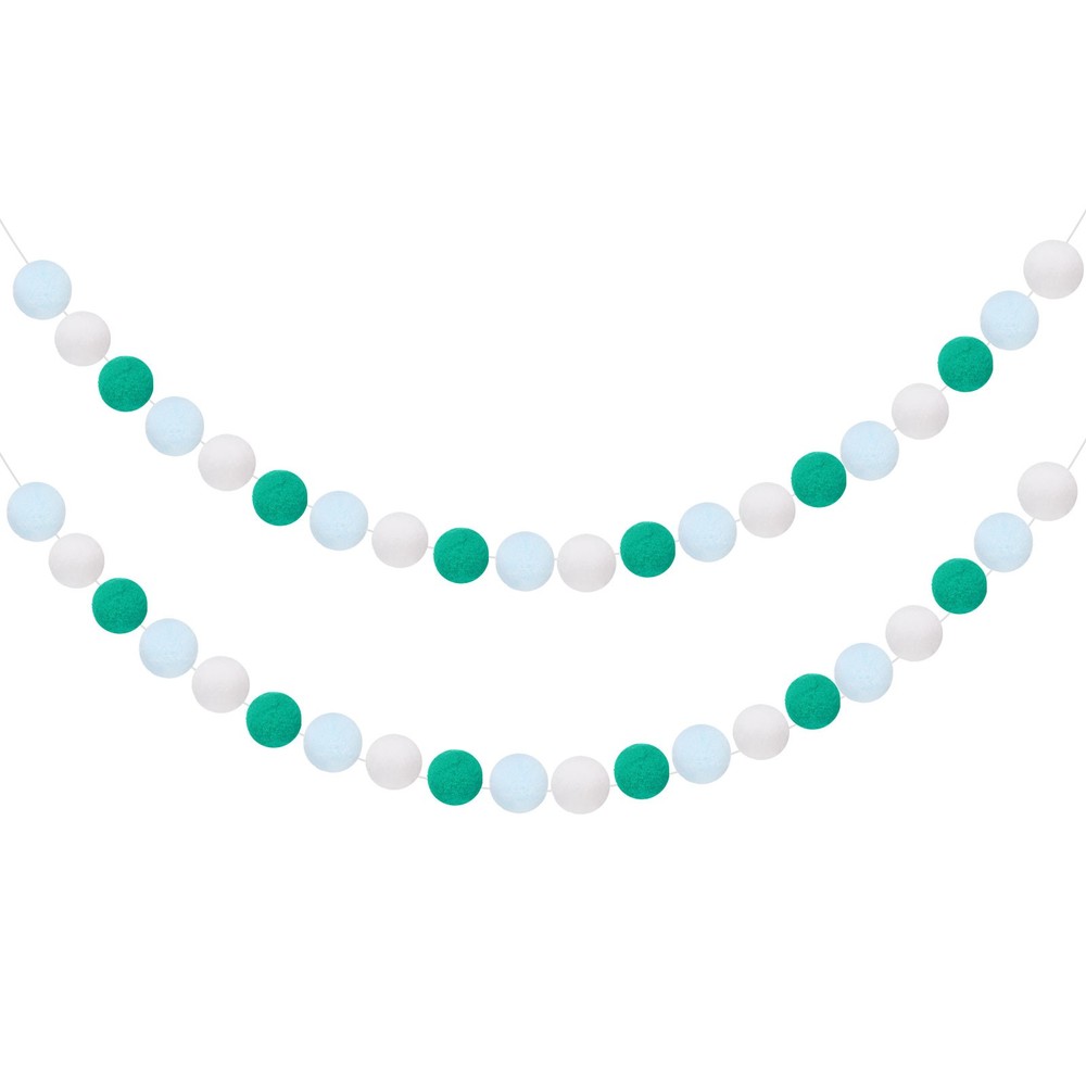 2pcs Pom Pom Garland 6.6 ft 30 Balls for Craft(Light Blue, Dark Green, White)