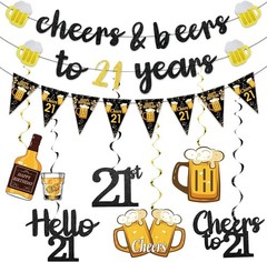 Black Gold 21st Birthday Decorations for Him Men, Glitter Pre-Strung Cheers…