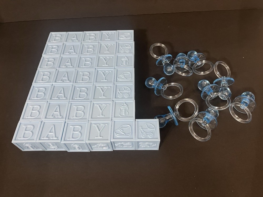 Baby Boy Shower Decorations – 36 Blue fillable Blocks 9 Pacifiers