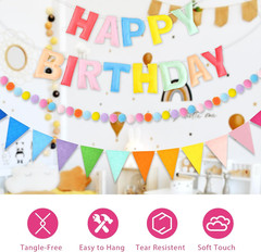 Pre-Strung 3D Rainbow Happy Birthday Banner, 3 PCS Happy Birthday Felt Sign, Pom