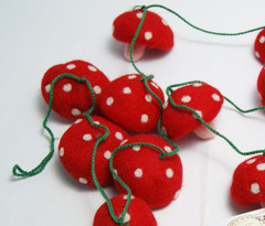 Handmade Wool Felt Mushroom Garland: Red, White & Pink 8 ft w 15 Mushrooms Nepal