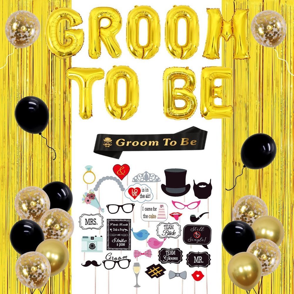 Bachelor Decorations for Men – Groom Sash, Balloons & Photo Props – Black & Gold