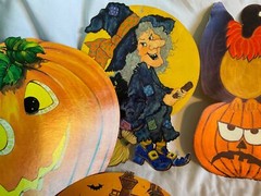 Vintage 10 Halloween Cardboard Diecut Decorations Witch Pumpkin Raccoon Skull ++