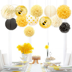 Bee Party Decorations, 12PCS Yellow Hanging Paper Lanterns Tissue Pom Poms Decor