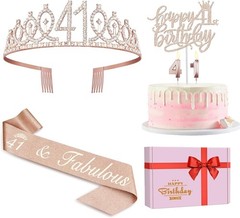 Elegant 41st Birthday Decorations Set: Sash, Crown, Candles in Rose Gold