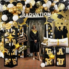 Black & Gold Graduation Party Decorations – 2026 Grad Balloons, Boxes, Arch & Co