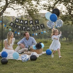 Blue Black Birthday Decorations Banner Balloons Pom Poms Foil Curtain Party S…