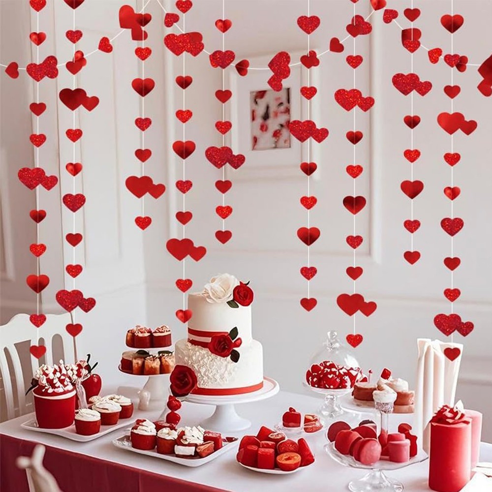 52FT Valentines Day Party Decoration Red Heart Garland Metallic Glitter Hanging