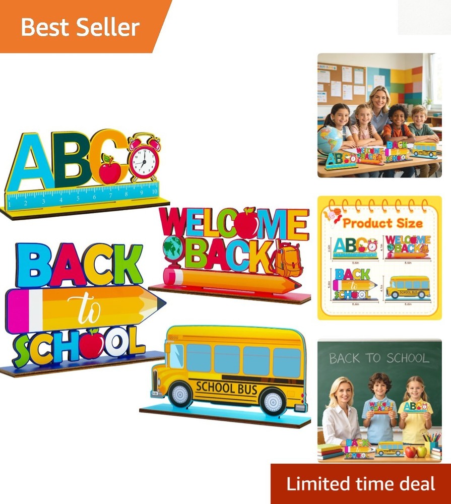 4Pcs Wooden Back to School Centerpieces – Bright ABC & School Bus Decor