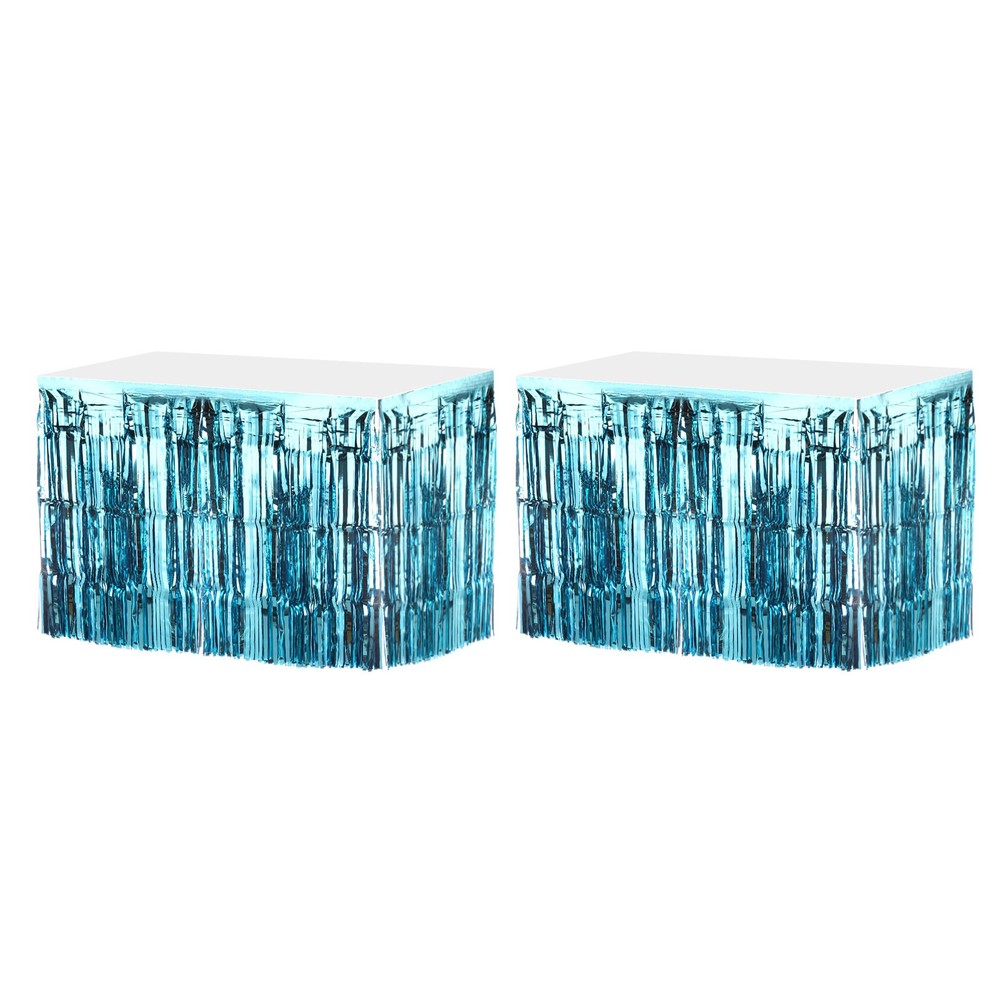 2 Pcs 29×108 Inch Light Blue Metallic Foil Fringe Tinsel Table Skirts