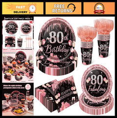 250PCS 80th Birthday Party Supplies – Black & Rose Gold Decor for 50 Guests, Pla