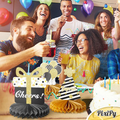 Happy Birthday Table Decoration Centerpieces – 9 Pieces, Black & Gold – Double-S