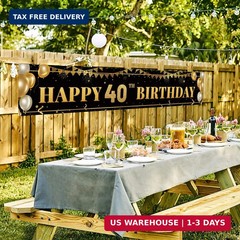 Large Happy 40th Birthday Decoration Banner, Black and Gold Happy 40th Birthday