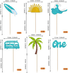 24 Pack Surfing Theme First Birthday Cupcake Toppers The Big One Party Decoratio