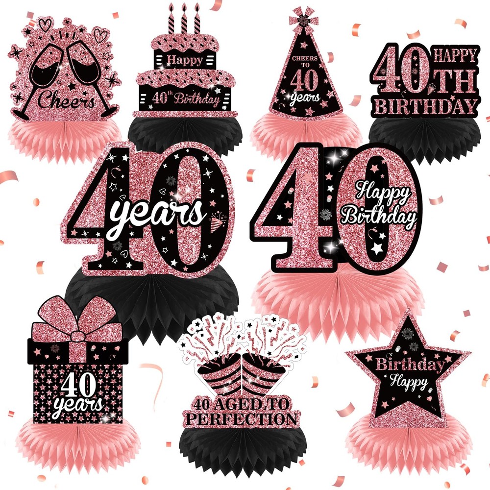 9 PCS Rose Gold Black Happy 40th Birthday Table Honeycomb Centerpieces