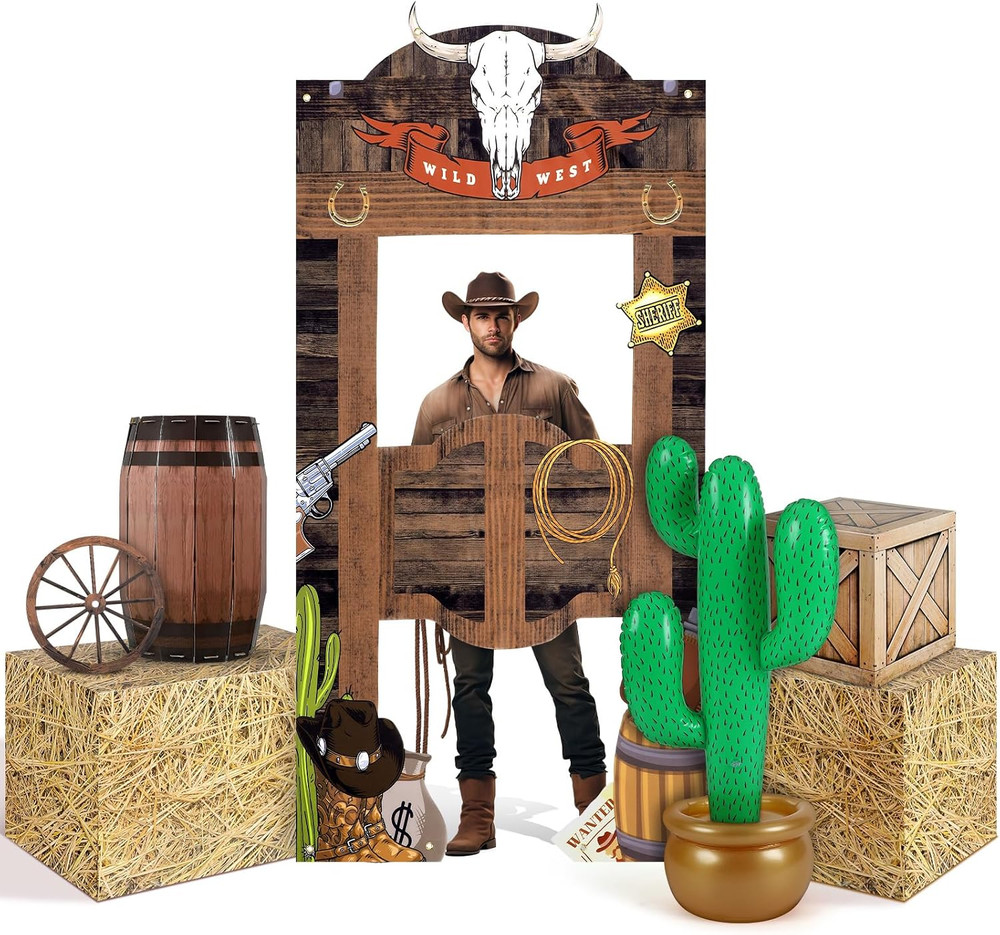 7 Pcs Western Cowboy Party Decorations Trunk or Treat Kit | Hay Bales, Inflatabl