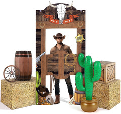 7 Pcs Western Cowboy Party Decorations Trunk or Treat Kit | Hay Bales, Inflatabl