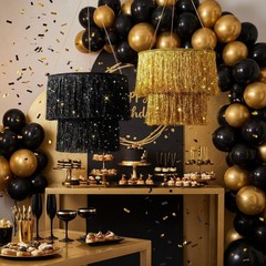 Rossesay 4 Pcs 2 Tier Gold Black Fringe Tinsel Chandelier Iridescent Foil Party
