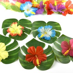 Stunning Tropical Decoration Set – 30 Leaves & 30 Flowers for Summer Parties