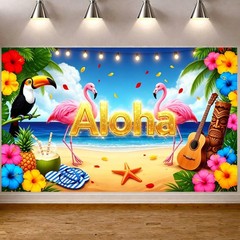 Aloha Beach Tropical Hawaiian Flowers Backdrop Party Photo Background Banner