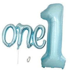 2Pcs Light Blue One Balloon Set, 40inch Large Foil Baby Blue Number Pearl Blue