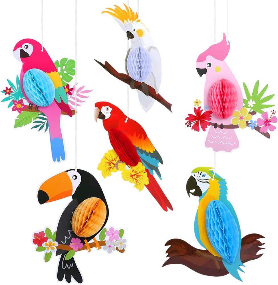 KESOTE 6 Pieces Hawaiian Tropical Parrot Bird Honeycomb Hanging Party Decoration
