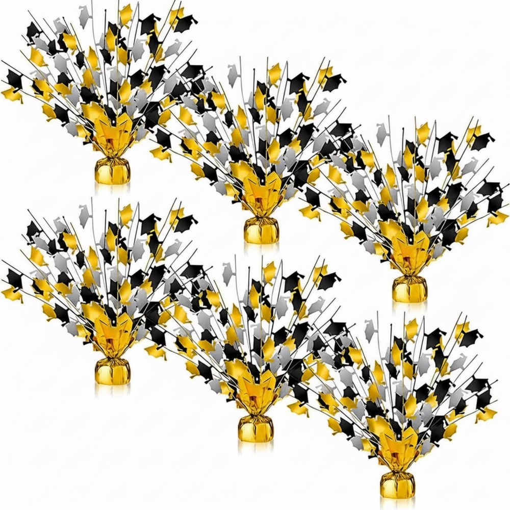 6 PCS Graduation Table Centerpieces 2026 Black Gold Silver Foil Hat Burst