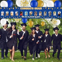36 Pcs 2026 Graduation Photo Banner Backdrop Blue, Gold, White, Gold Sequins