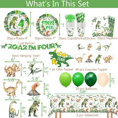 208 Pcs Dinosaur 4Th Birthday Party Supplies, Green Dino Roar I’M Four Birthday