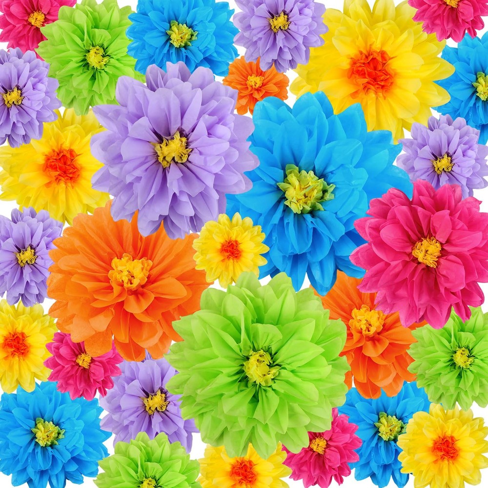 18 Pcs Mexican Paper Flowers Colorful Fiesta Tissue Paper Flowers Pom Poms Me…