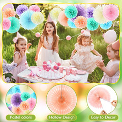 18 Pcs Pastel Rainbow Party Decorations Pastel Paper Fans 3D Floral Tissue Pom P