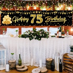 Happy 75th Birthday Banner Decorations for 73 inches by 16 inches, black gold